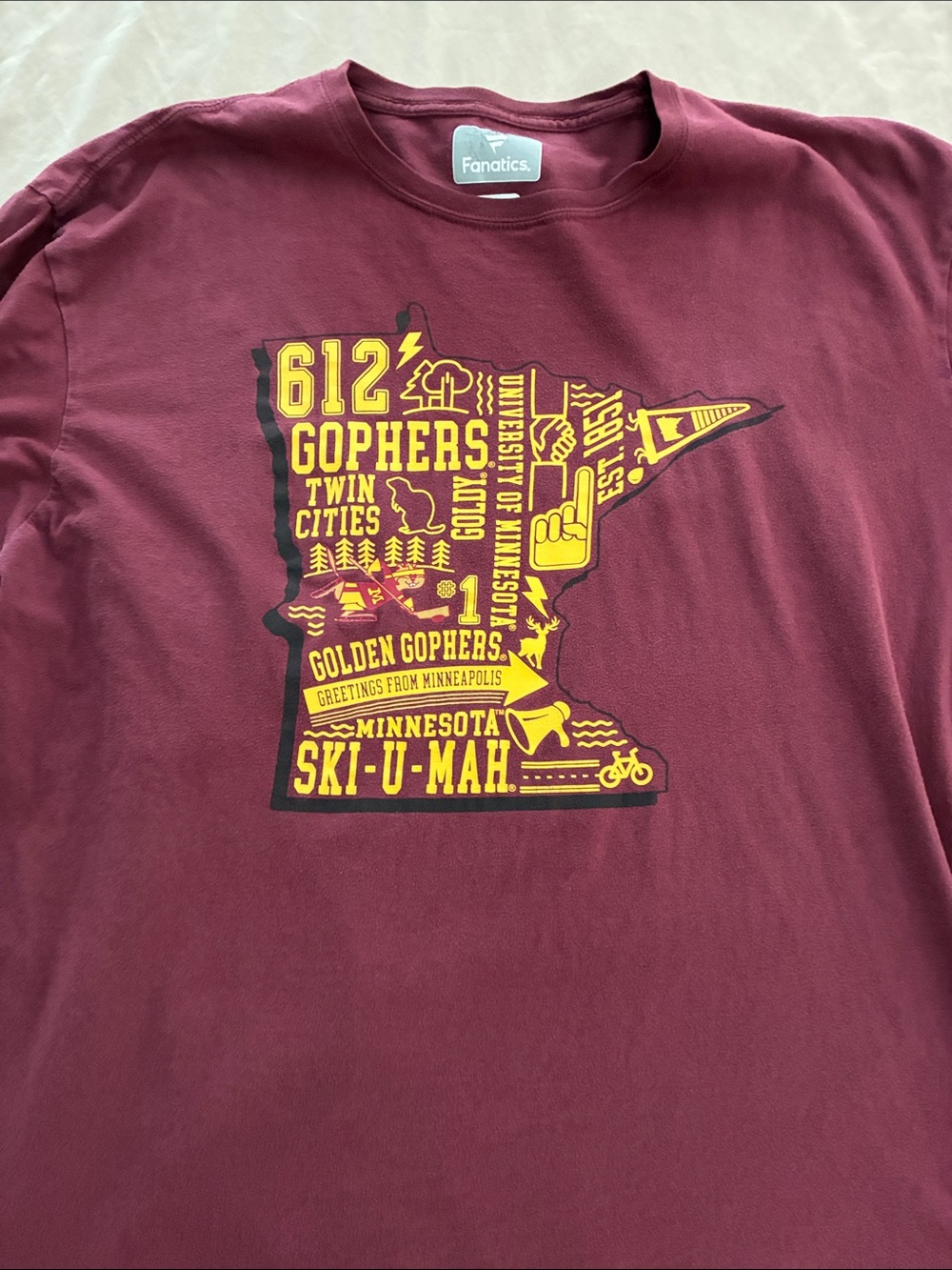Fanatics Maroon Short Sleeve Minnesota Gophers State Graphic Tee with Gold Print